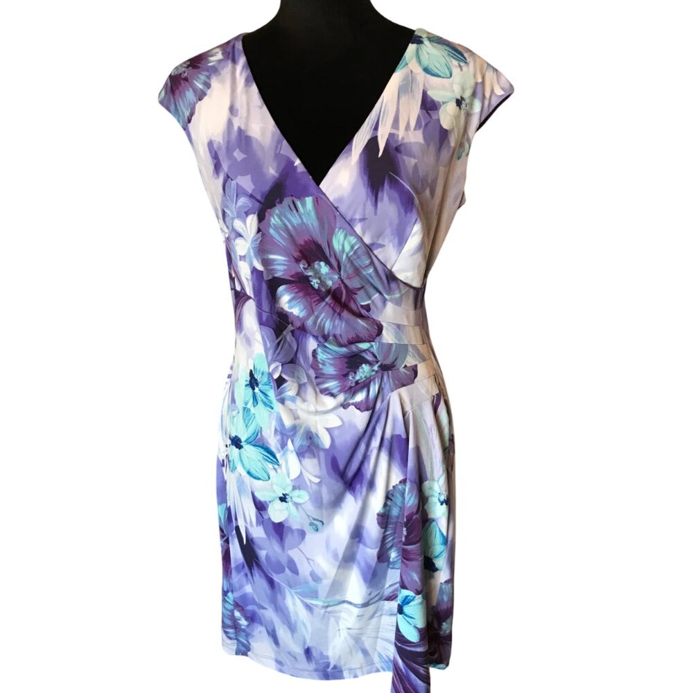 Sleeveless Dress Ruched Side Surplice Neck Dress Barn, Violet Purple Floral 8P